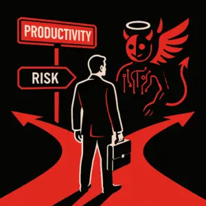 Productivity vs Risk-illustratie – zakenman bij de tweesprong met een engel/duivel-AI, eveneens in rood-zwart.